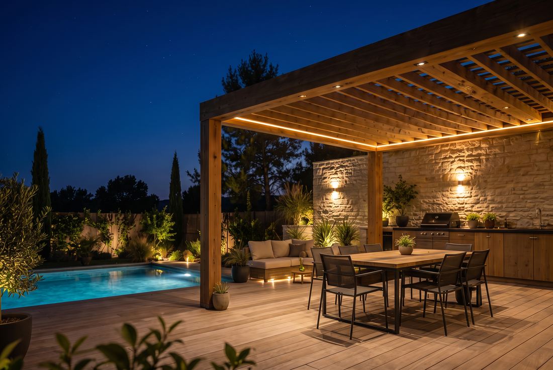Pergola bois avec éclairage integre, terrasse et piscine de nuit