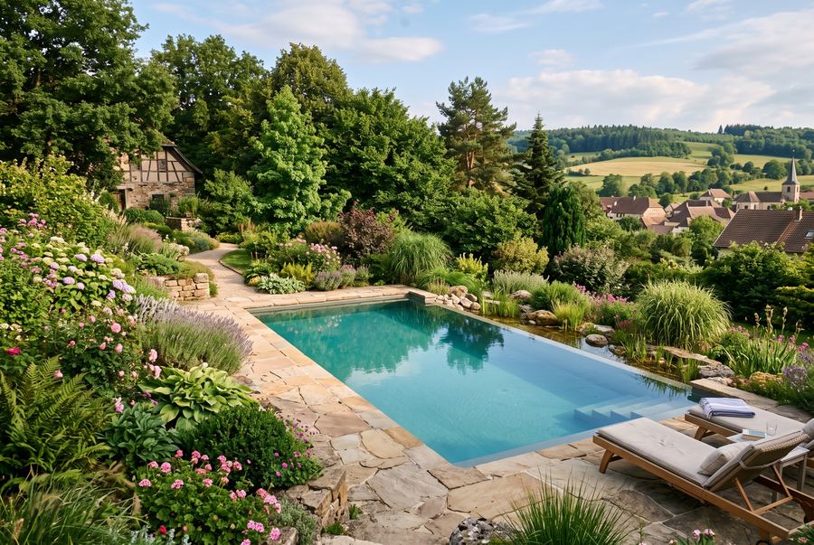 Piscine integree dans un jardin paysager